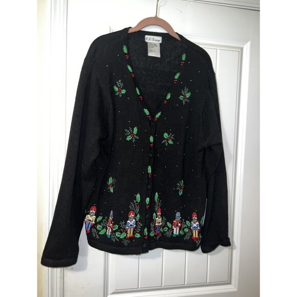 Vintage BP Design Size Large Knit Cardigan Womens Black Drummer Boy Embroidered - Picture 1 of 5